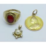 A 9ct gold ring and pendant, 2.3g, and a yellow metal Queen Victoria charm, 1.6g, (3.9g), ring