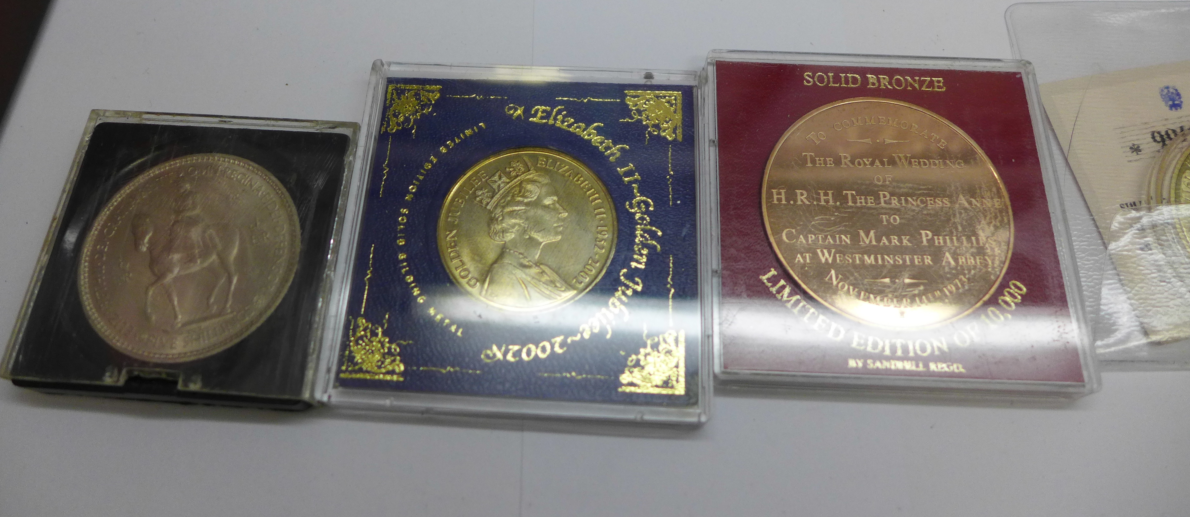 A collection of commemorative coins including one silver 1973 Royal wedding coins, (folders not - Image 2 of 8