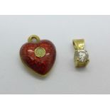 A Victorian 15ct gold and enamel heart shaped charm and a small 9ct gold and diamond pendant, (heart