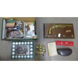 A brass Civil War pistol coat hook and a box of miscellaneous items **PLEASE NOTE THIS LOT IS NOT