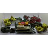 Dinky Toys die-cast model vehicles including two tank transporters, one tank, Blaw Knox Bulldozer,