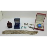 Jewellery including a marcasite peacock brooch, butterfly wing brooch, a pair of silver and