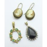 Two 9ct gold pendants, 3.8g, and a pair of cameo earrings