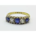 A late Victorian 18ct gold, diamond and sapphire ring, London 1898, 3.6g, N