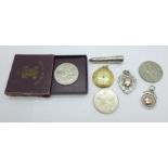 A 9ct gold and amber cheroot holder with silver case, case a/f, two silver fob medals, a George V