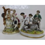 Two German porcelain figure groups, three boys tormenting a mule, small a/f (finger-tip missing) and