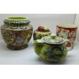 Two oriental pots, a ginger jar and a teapot
