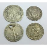 A Queen Anne sixpence and 1703 Maundy 3d, and a George III Maundy 3d, 1762 and 4d, 1795 a/f drilled