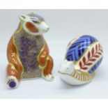 A Royal Crown Derby Honey Bear paperweight with silver stopper and a Royal Crown Derby Snail