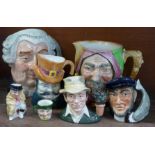 Two large Royal Doulton character jugs, Touchstone and The Lawyer, two medium character jugs, etc.