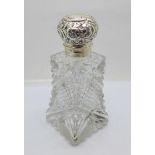 A silver topped glass scent bottle, height 14.5cm