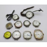Six silver cased wristwatches and four other wristwatches, a/f