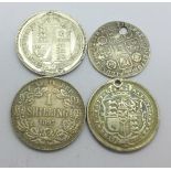 Four coins, 1741 sixpence, a/f drilled, an 1816 shilling, an 1891 shilling and an 1897 South African