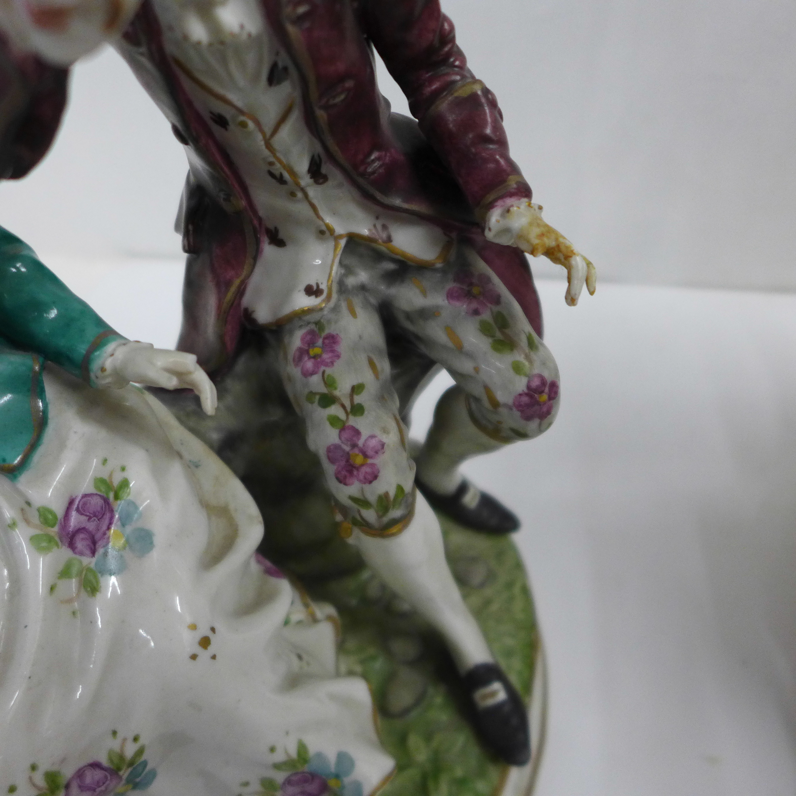 Two German porcelain figure groups; couple seated, with theatrical mask, and Meissen Gardening - Image 4 of 6