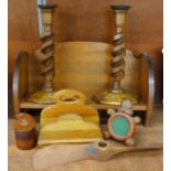 A treen desk set including candlesticks, a pocket watch stand with applied RAF insignia and a grease