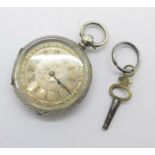 A 935 silver fob watch with silver dial and key