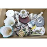A box of mixed china, Delft plate, two German lidded bowls, a Villeroy & Boch Christmas jar, a