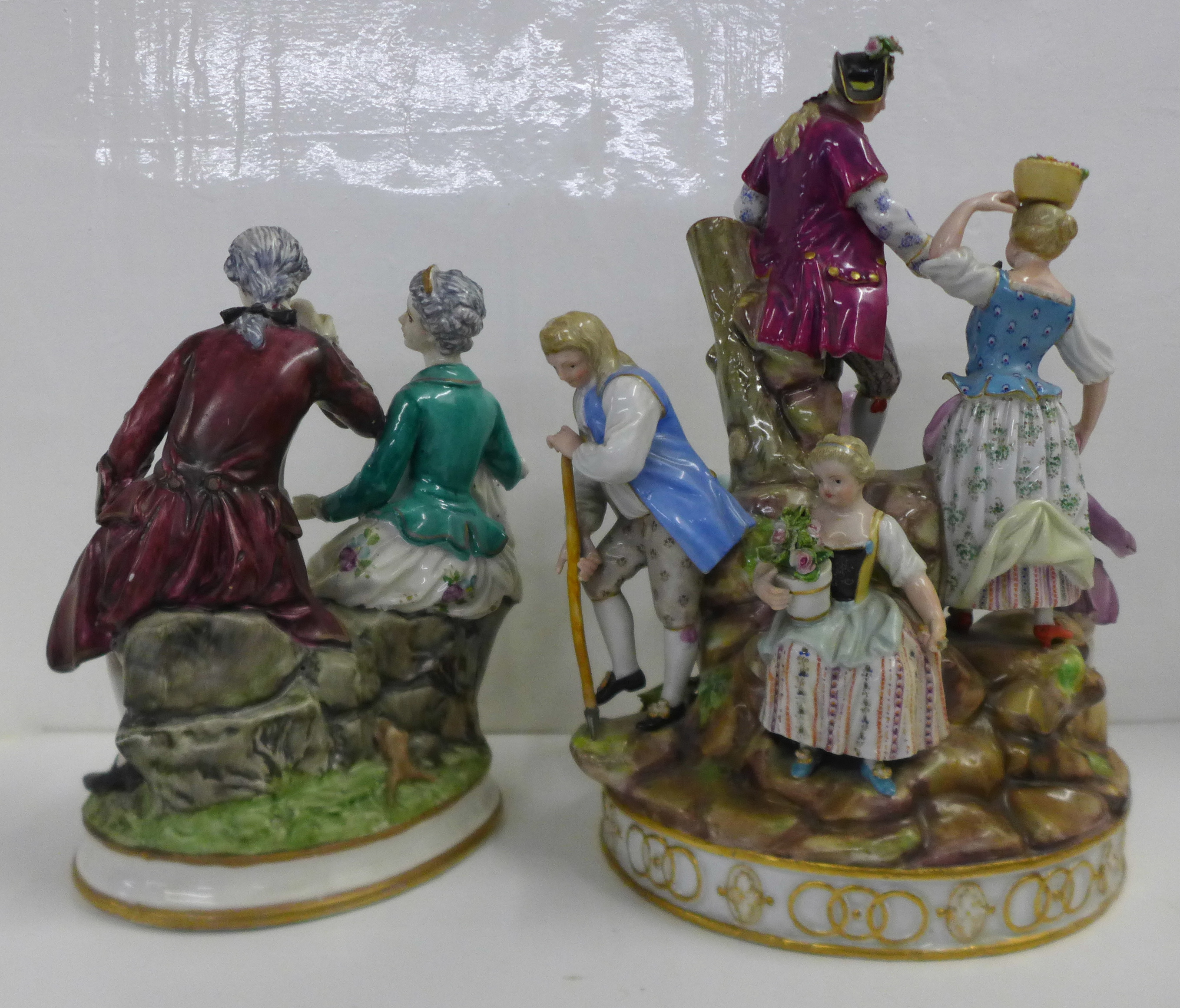 Two German porcelain figure groups; couple seated, with theatrical mask, and Meissen Gardening - Image 2 of 6