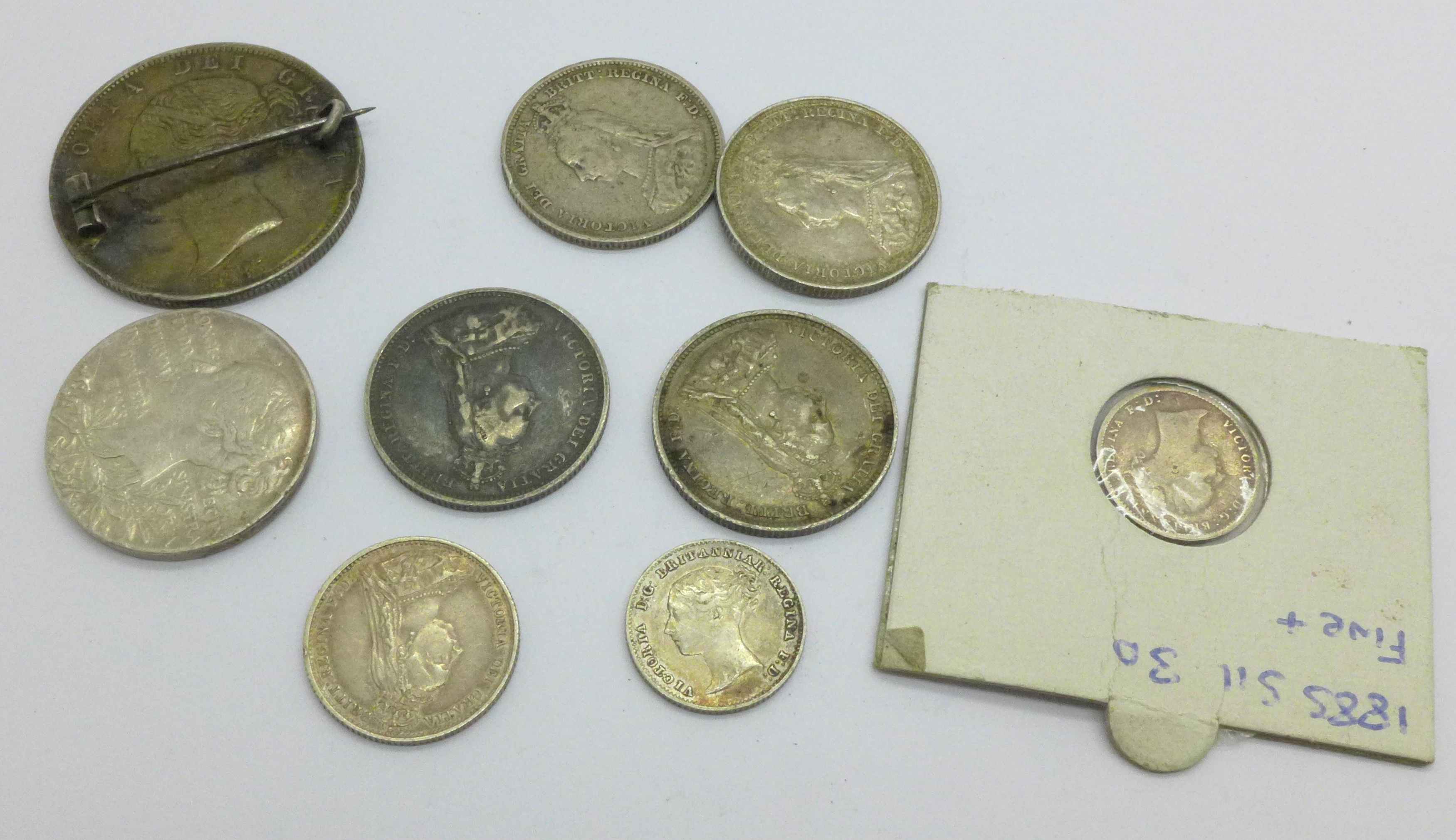 Nine Victorian silver coins, including an 1838 four pence and an 1838 half crown with mounted pin - Bild 2 aus 2