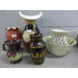 A large glass vase, a Denby vase, a jug and bowl, a Greek vase and a jug **PLEASE NOTE THIS LOT IS