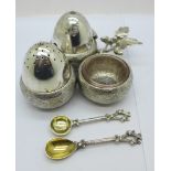 A Victorian silver condiment set, Sheffield 1877, in the form of an oak leaf, acorns, etc.,