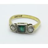 An 18ct gold, platinum set diamond and green stone ring, 2.7g, M