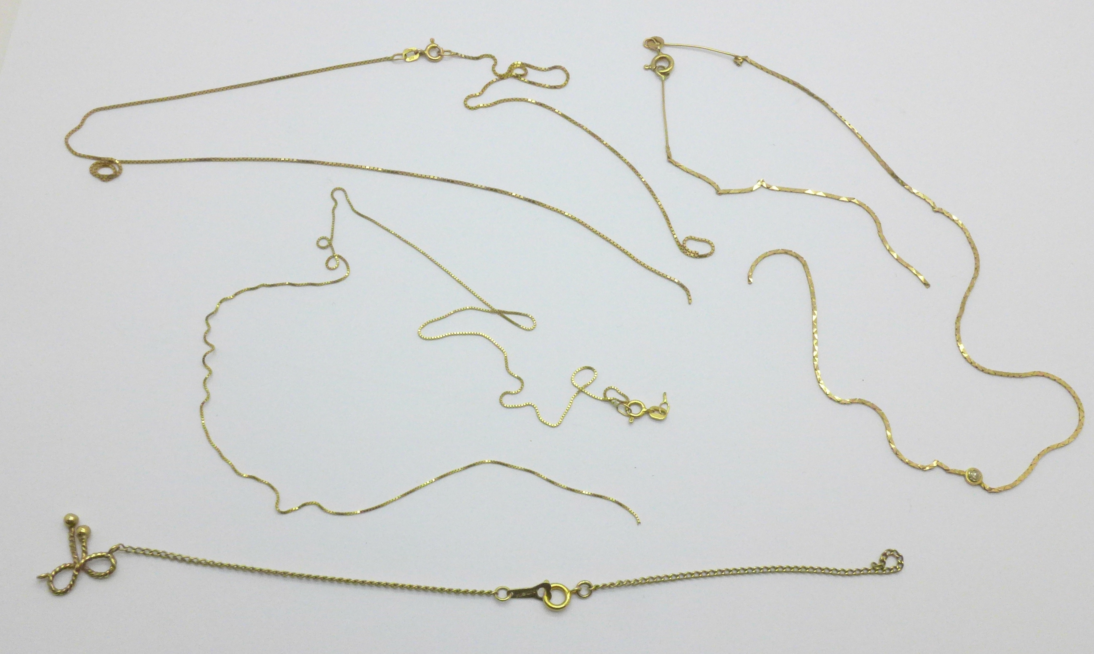 Four 9ct gold chains, all a/f, 7.5g