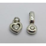 An 18ct gold and diamond heart shaped pendant, (1g), and a 9ct gold and diamond pendant, (0.9g)