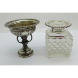 A Victorian silver topped glass inkwell and a silver cup/urn, 70g, (glass inkwell chipped)