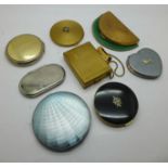 Seven compacts including Stratton and a combination Kigu compact and cigarette case