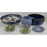 A Bourne Denby bowl, a Losol Ware bowl, a/f, cracked and four items of Wedgwood Jasperware (jug