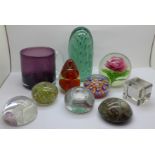 A Victorian glass dump, eight paperweights and an amethyst glass mug