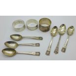 Three silver napkin rings and six silver teaspoons (5+1), 116g