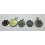 Two pocket watches, a part movement, a Waltham pocket watch dial and a gauge dial, a/f