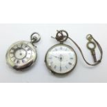 A silver half-hunter fob watch and an 800 silver fob watch, case a/f