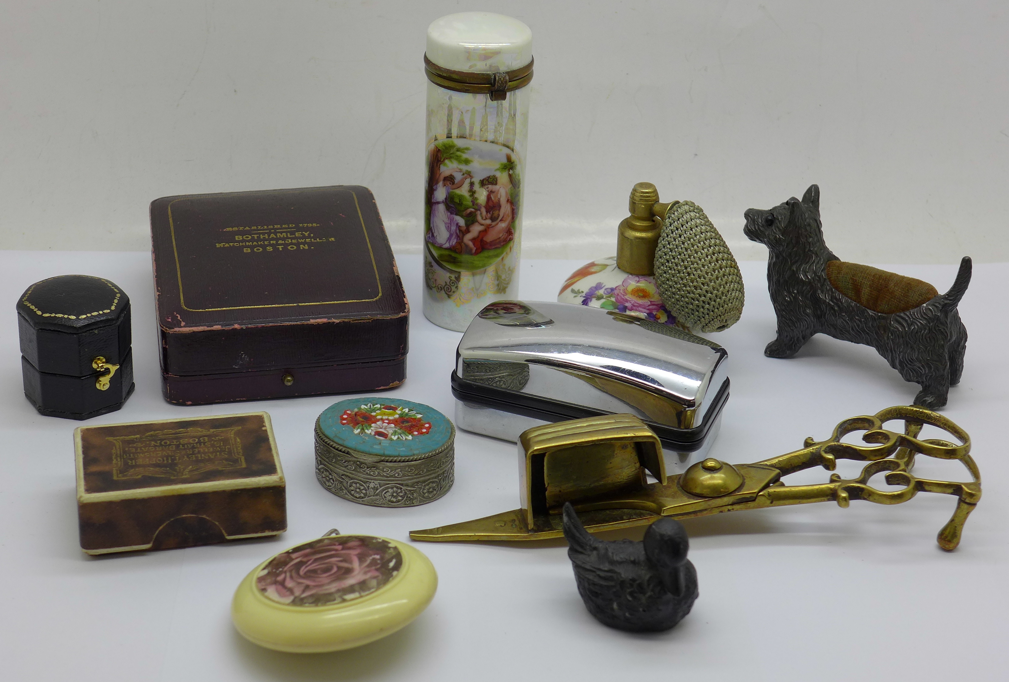 Candle snuffers, dog pin cushion, jewellery boxes, etc.