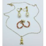 Two pairs of 9ct gold mounted earrings and a fine 9ct gold chain with Teddy bear charm, total weight