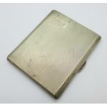 A silver cigarette case with machine turned finish, engraved initials to front, Walker & Hall, 139g