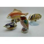 A group of four Royal Crown Derby paperweights - 'Hummingbird', 'Wren' and 'Golden Carp' with silver