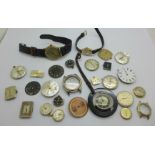 Watch movements, parts and a vintage wristwatch
