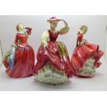 Three Royal Doulton figures, Blithe Morning, Top o' the Hill and Buttercup, Buttercup restored