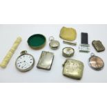 A silver vesta case, other vesta cases, a Jupiter Art Deco dress pocket watch, one other pocket