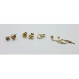 A pair of 14ct gold and white stone earrings and three pairs of 9ct gold earrings, 2.9g