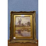 G.W. Hopper, river landscape with a windmill, watercolour, dated 1918, framed