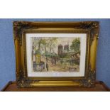 Jaques Fabres, Parisian street scene with Notre Dame in the distance, watercolour, framed