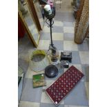 A Victorian black lacquered papier mache box, a beadwork stand, oil lamp, etc.