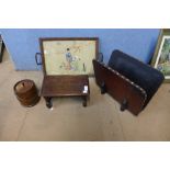 An oak tray, a magazine rack, a small oak stool and barrel