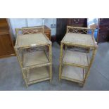 A pair of bamboo and rattan bedside tables