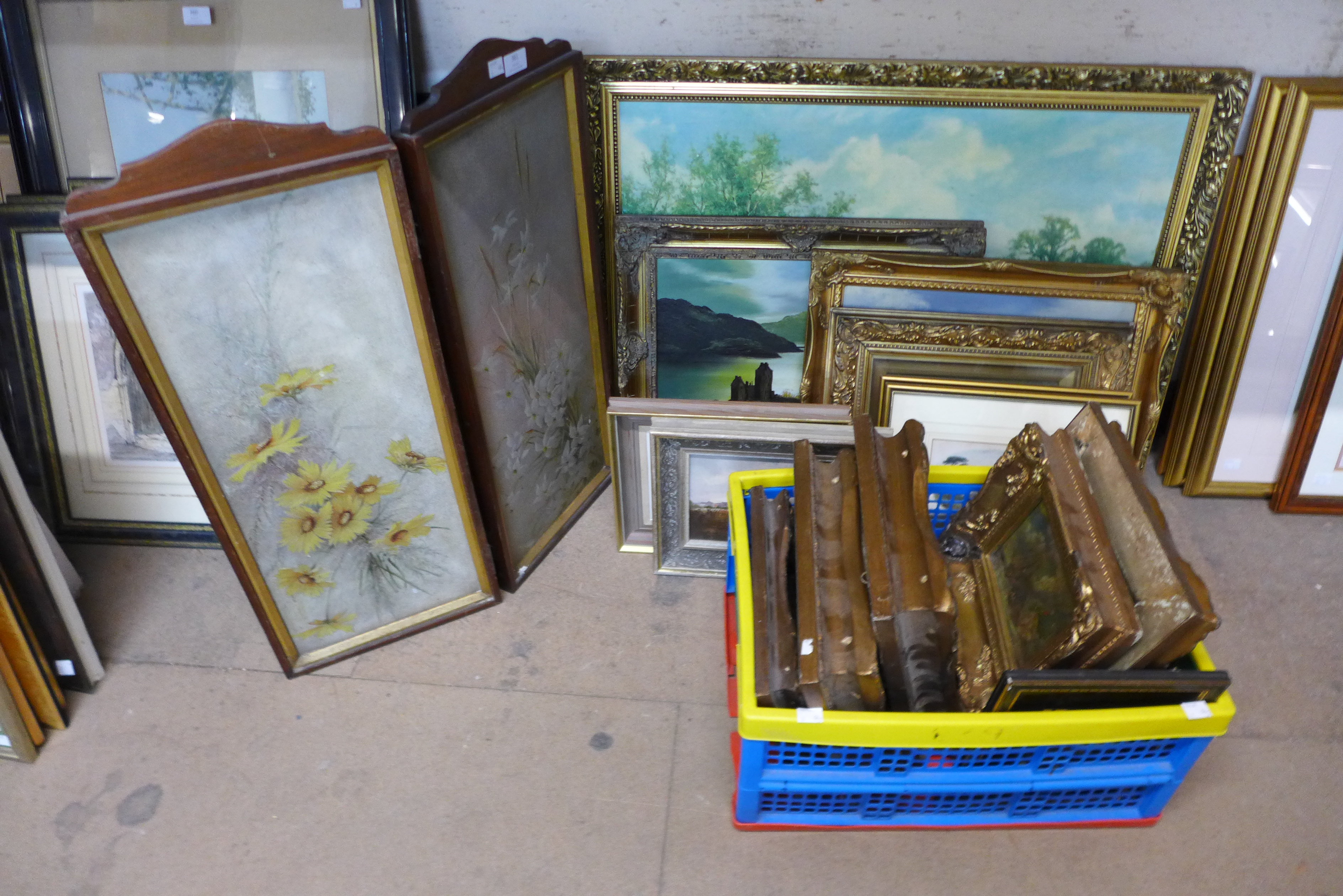 Assorted paintings and prints and a small two panel screen