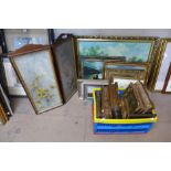 Assorted paintings and prints and a small two panel screen
